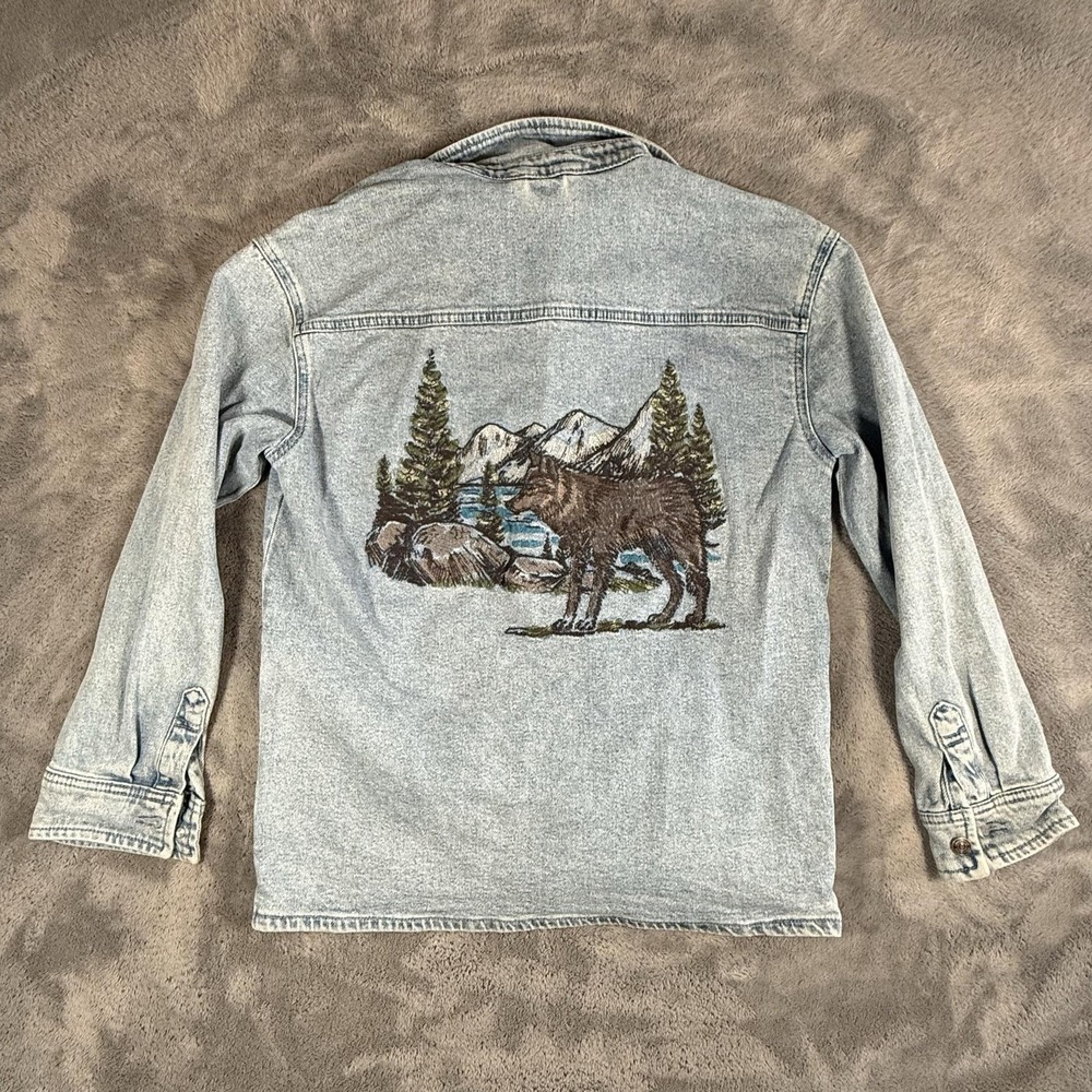 Abercrombie Kids Denim Shirt Jacket Youth Size 13/14 Blue Wolf Back Embroidered